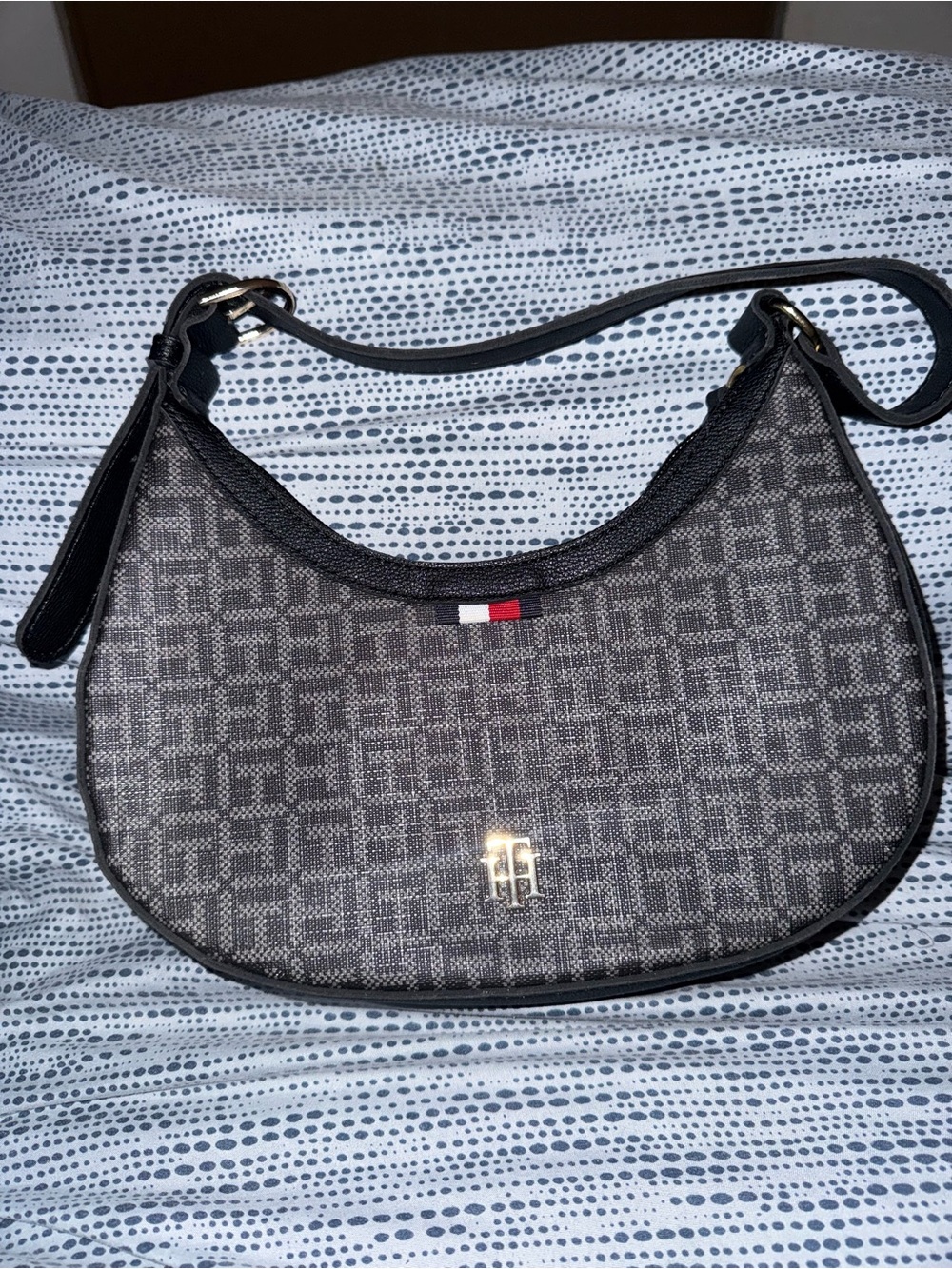 Tommy Hilfiger Black Monogram Crescent Shoulder Bag with Flag Accent